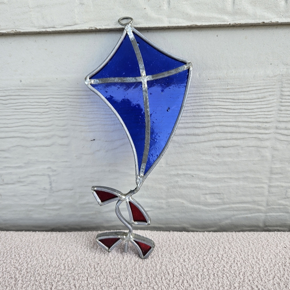 VTG Stained Glass Blue Kite Suncatcher Hanging Metal 6" Handcrafted